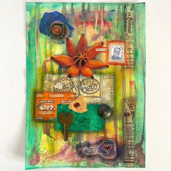 My Father My Hero Handmade Original Collage Painting Wall Art 11x14in Matted